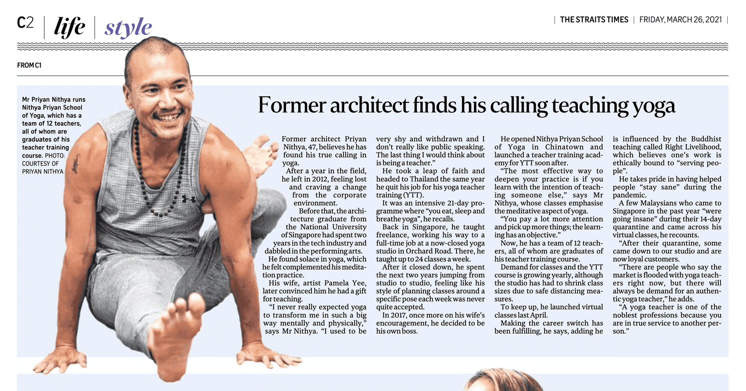 Straits Times Life : Former Architect Nithya Priyan Finds His Calling Teaching Yoga